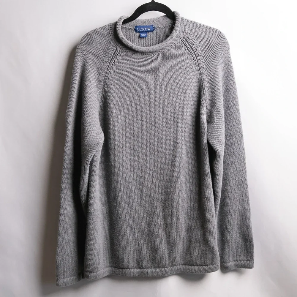 VTG J.Crew Mens Roll Neck Cotton Sweater Gray Chunky Knit Fisherman Pullover M